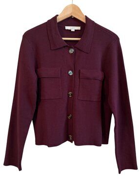 Loft Cardigan Sweater Women M Burgandy Knit Collar Button Up Pockets Long Slv